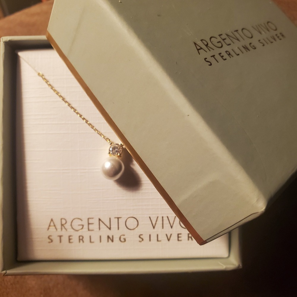 Argento Vivo Sterling Silver Pearl Cubic‎ Zirconia Drop Necklace Gold Tone Boxed